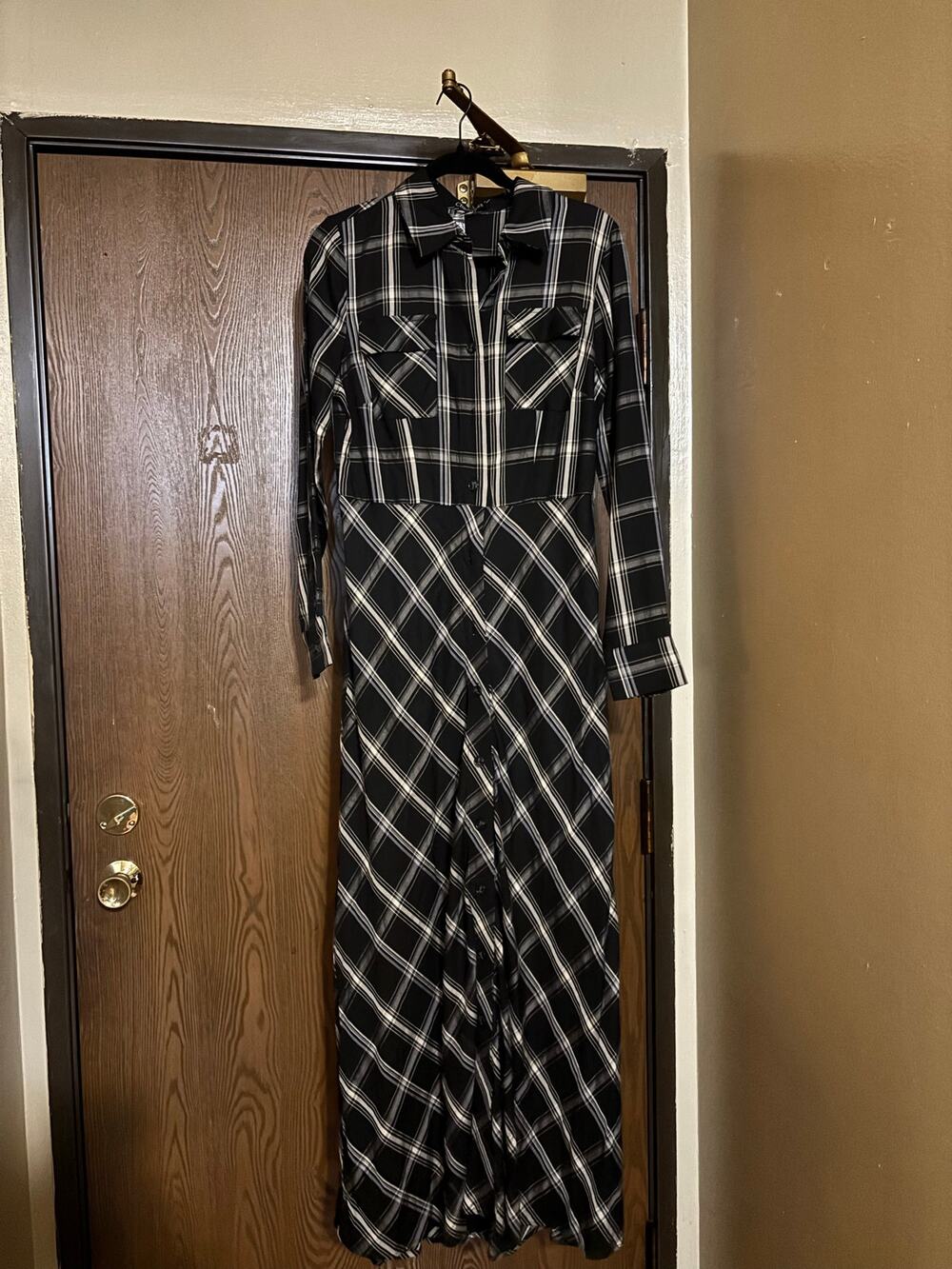 NWT Vintage Black Plaid Fall/ Winter Preppy Button-Down Long Sleeve Maxi Dress